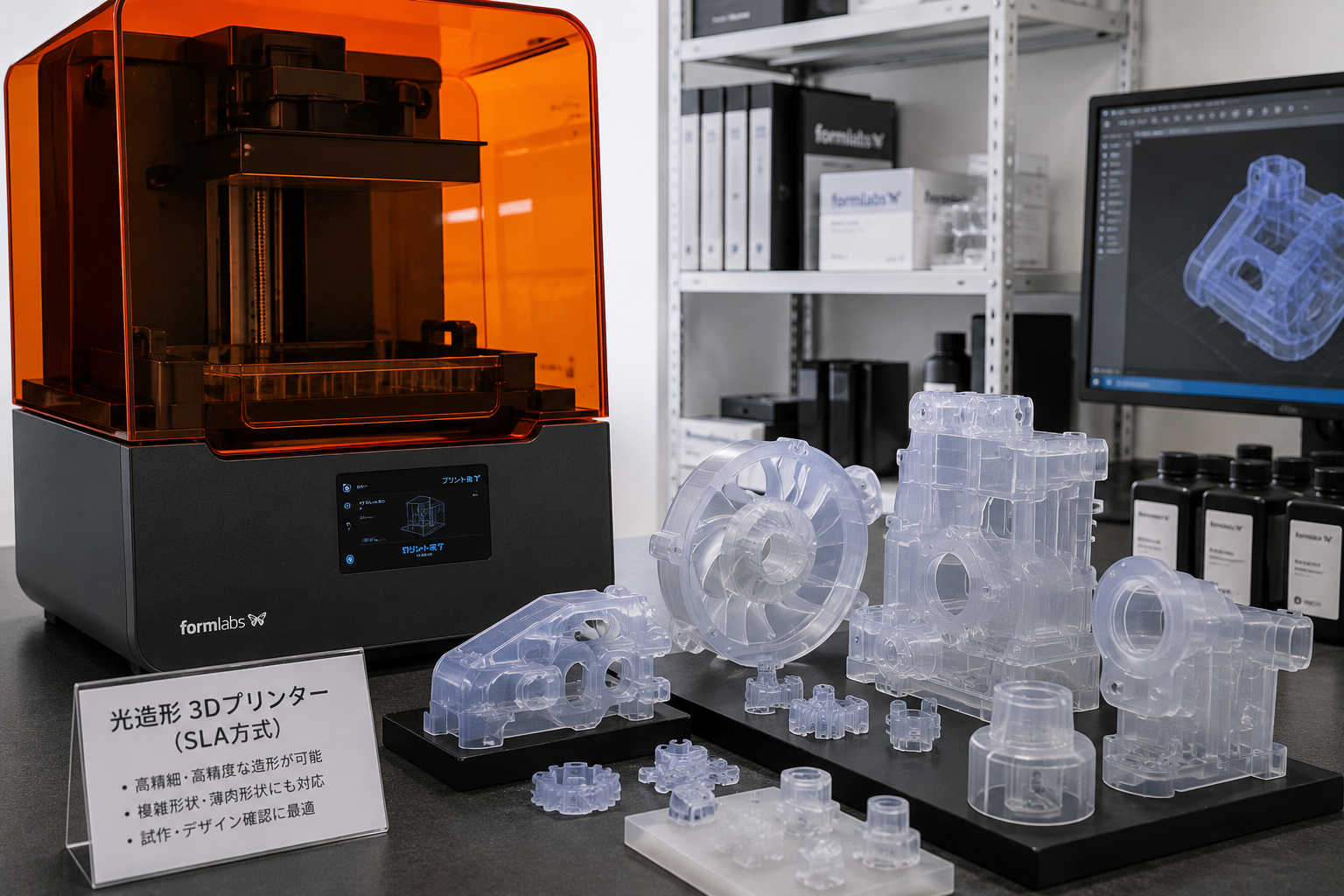 光造形3Dプリンターと造形品