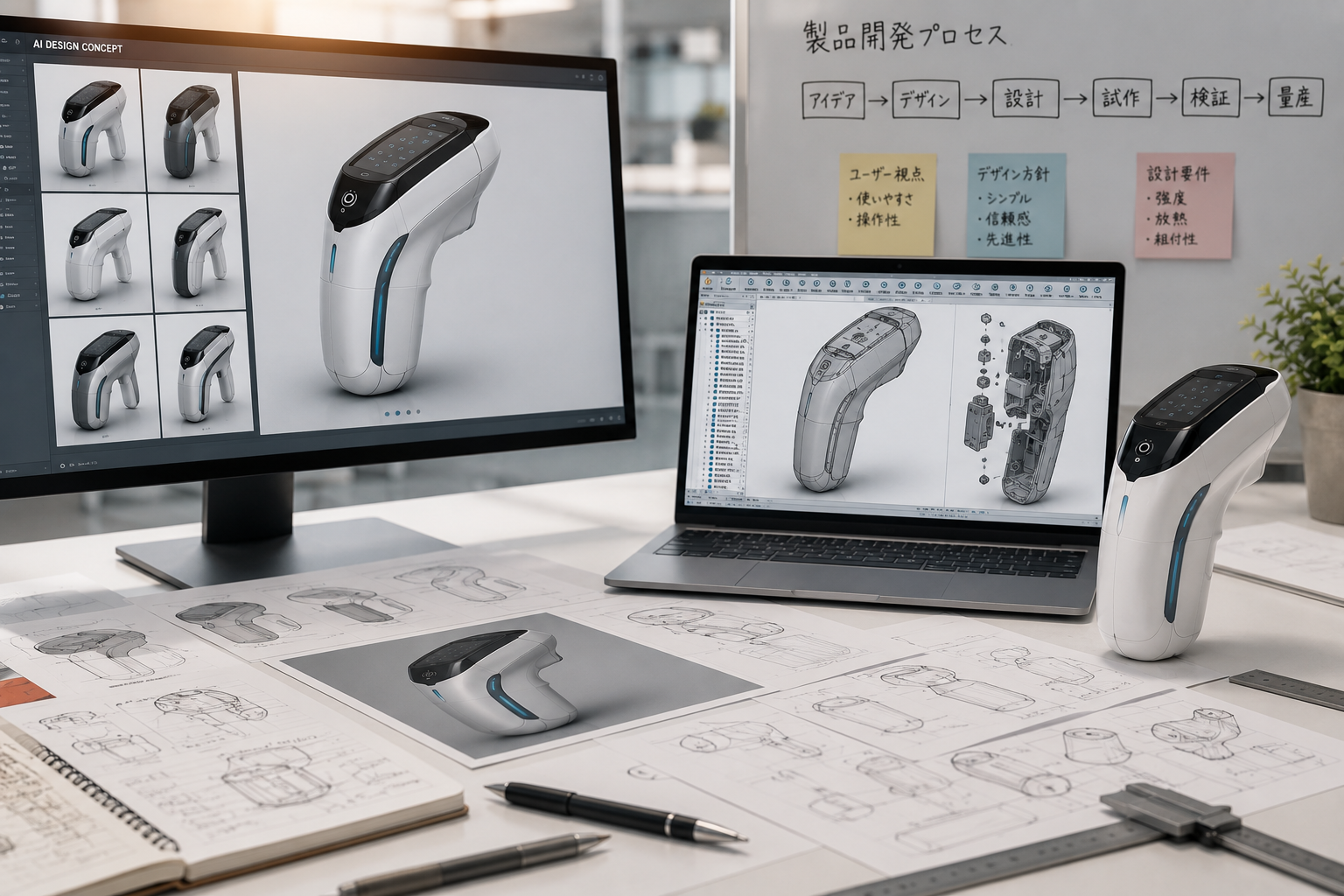 AIデザイン案をもとにプロダクトデザインとCAD設計を行う製品開発イメージ